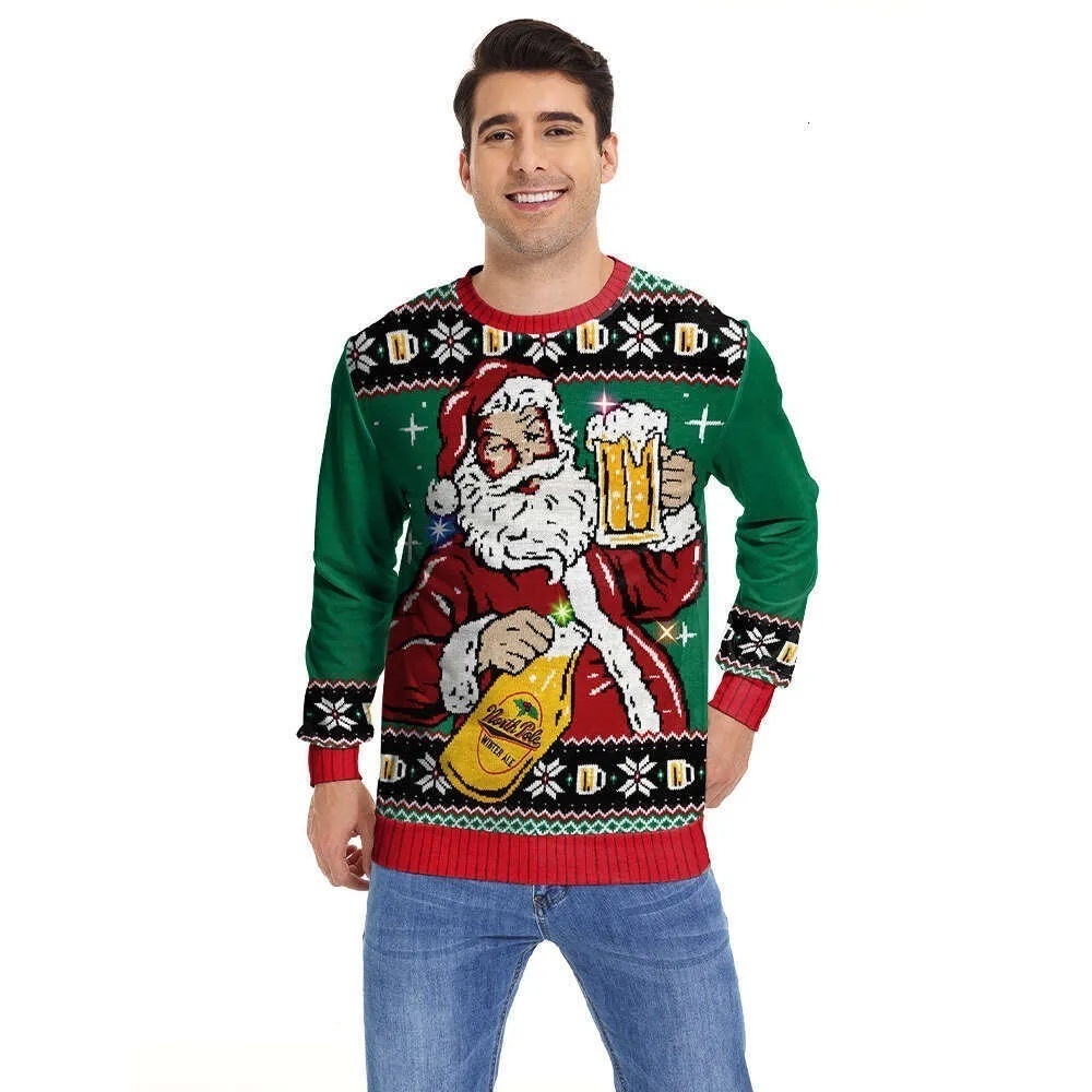 Ugly Christmas Sweater Santa Beer Cheers Sweater size L With Motion Light